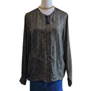 Vintage 90s Geometric Silk Shirt L Studio Silk Earth Tone Button Up Long Sleeve